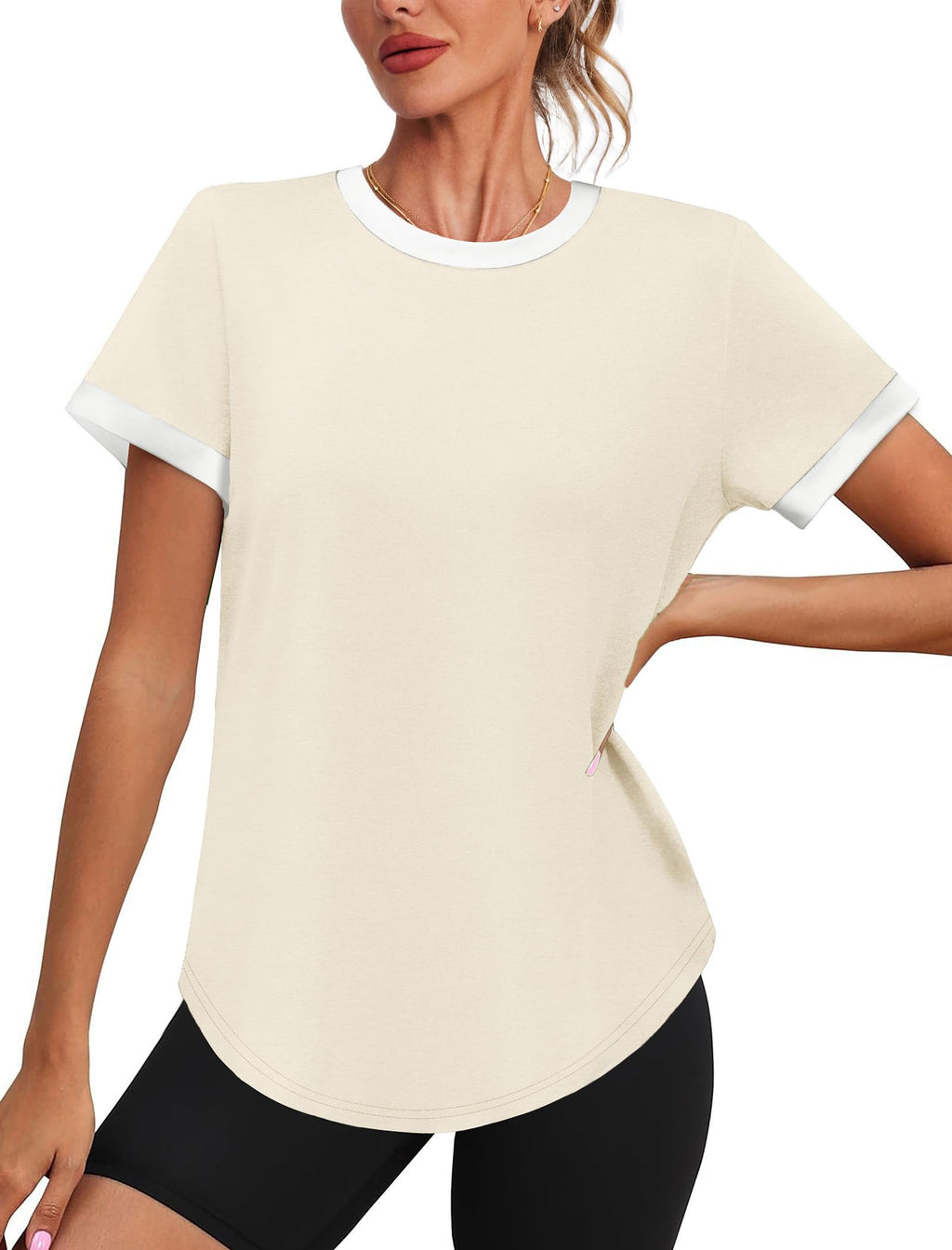 Womens Workout Tops Summer Short Sleeve Shirts Athletic Color Block Gym Clothes Outfits Sun Protection UPF 50+ T Shirts