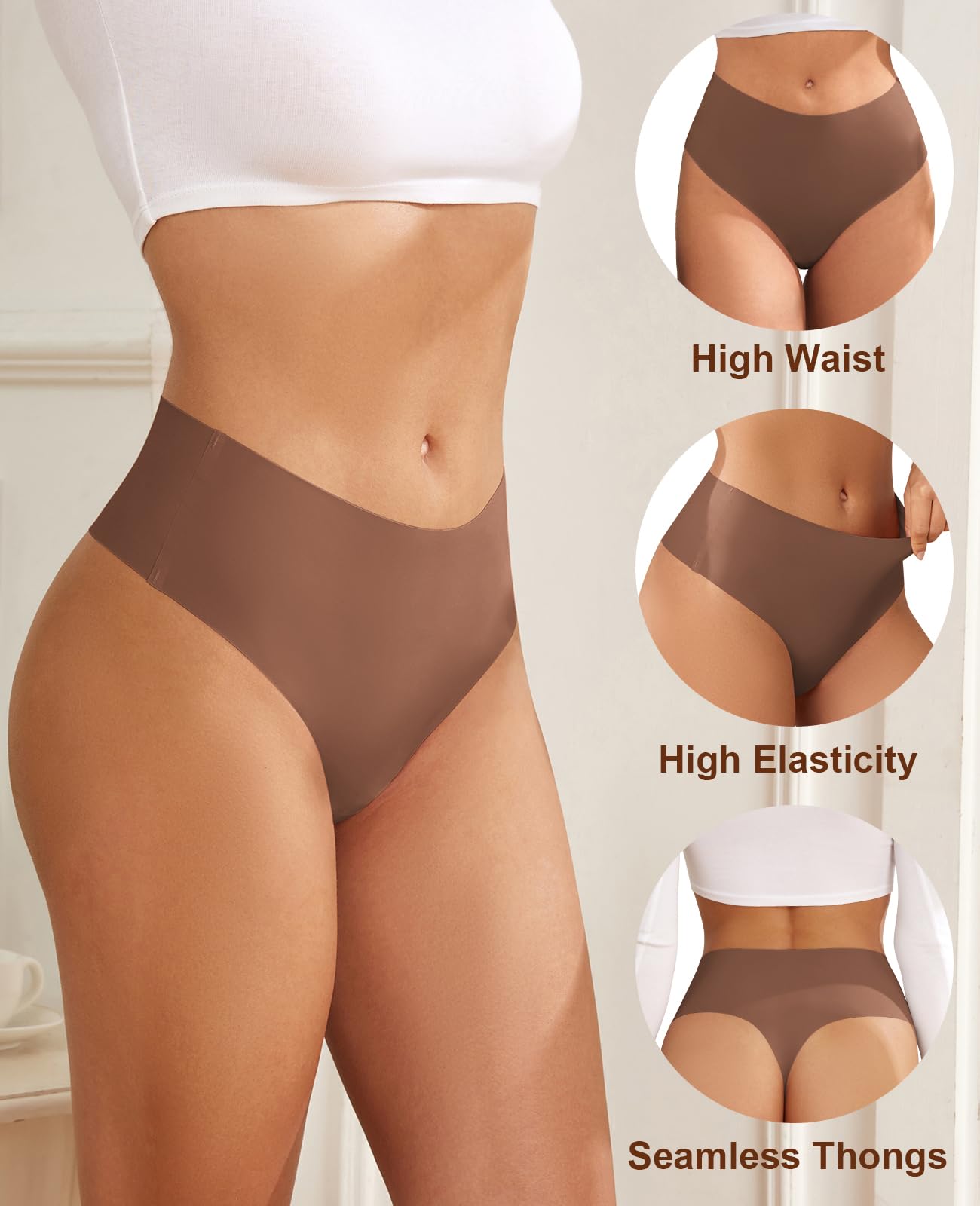 Thongs for Womens High Waisted Seamless for Women Underwear Sexy Breathable Panties 6 Pack
