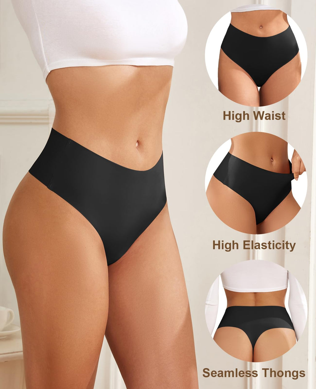 Thongs for Womens High Waisted Seamless for Women Underwear Sexy Breathable Panties 6 Pack