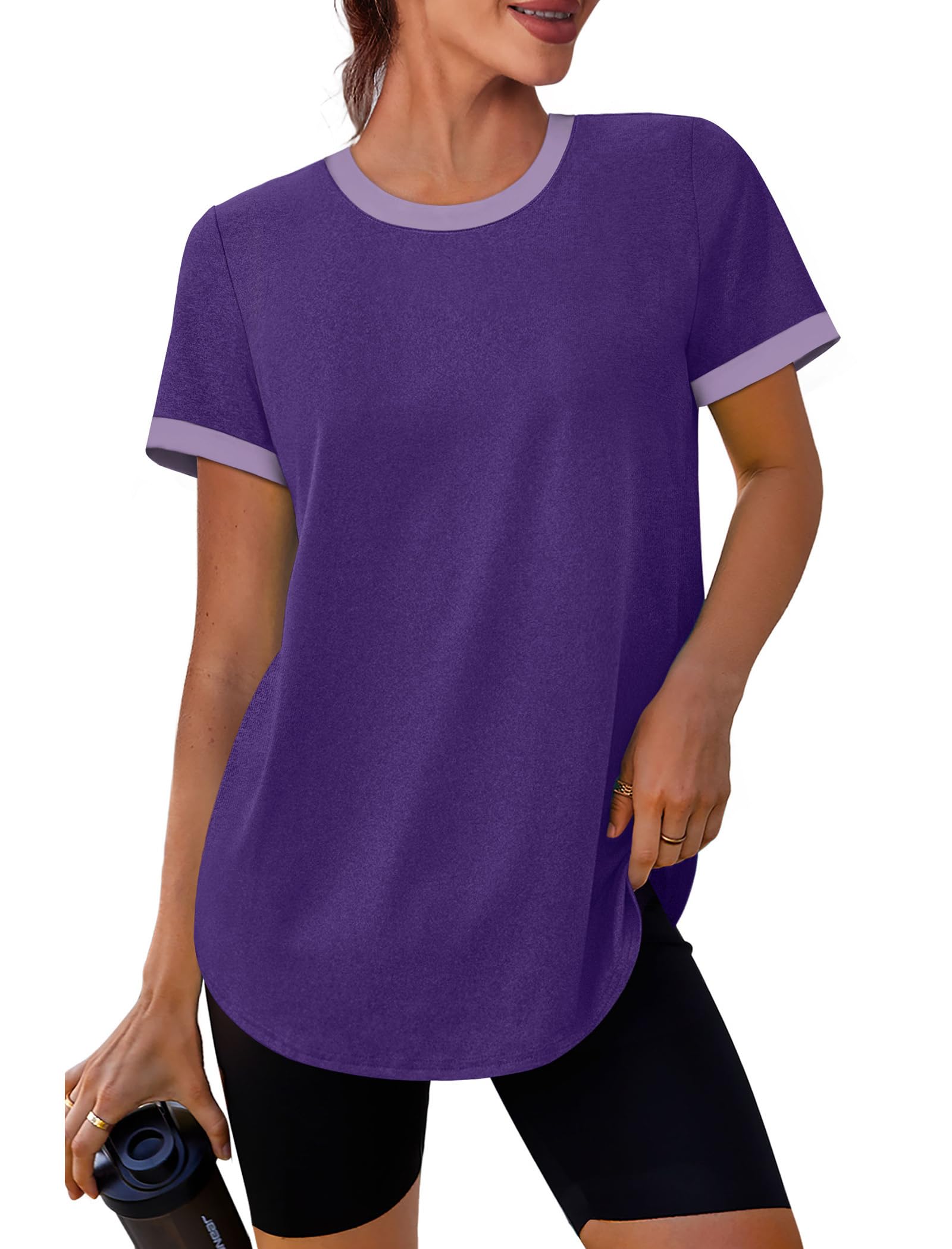 Womens Workout Tops Summer Short Sleeve Shirts Athletic Color Block Gym Clothes Outfits Sun Protection UPF 50+ T Shirts