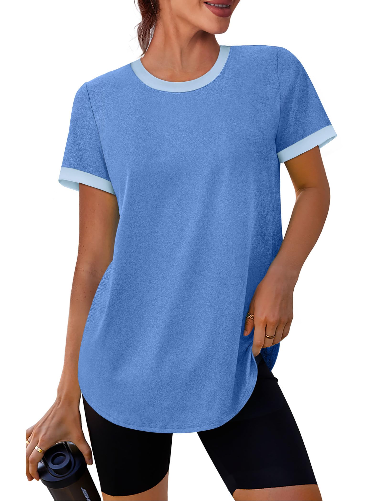 Womens Workout Tops Summer Short Sleeve Shirts Athletic Color Block Gym Clothes Outfits Sun Protection UPF 50+ T Shirts