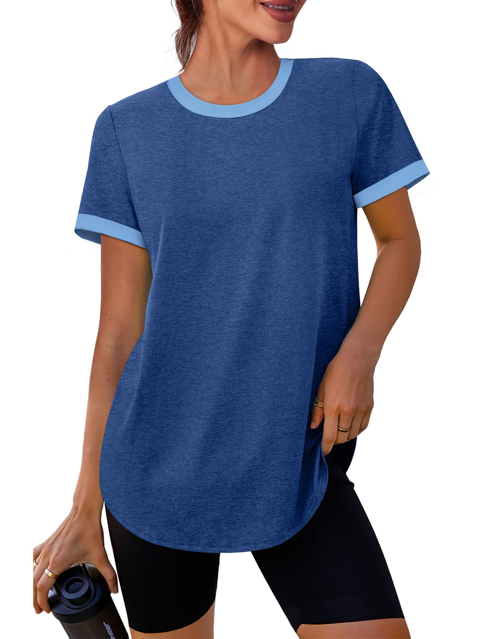 Womens Workout Tops Summer Short Sleeve Shirts Athletic Color Block Gym Clothes Outfits Sun Protection UPF 50+ T Shirts