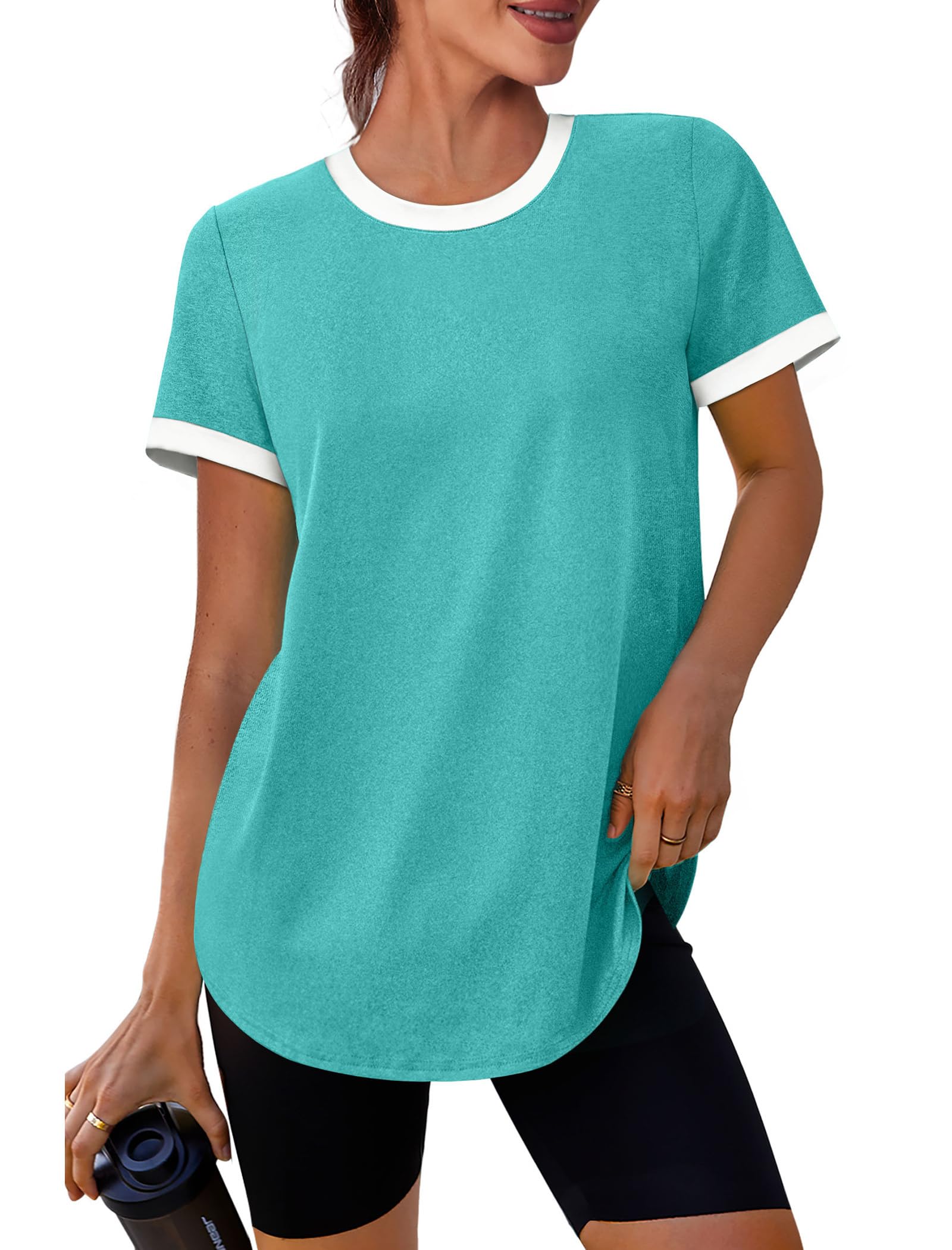 Womens Workout Tops Summer Short Sleeve Shirts Athletic Color Block Gym Clothes Outfits Sun Protection UPF 50+ T Shirts