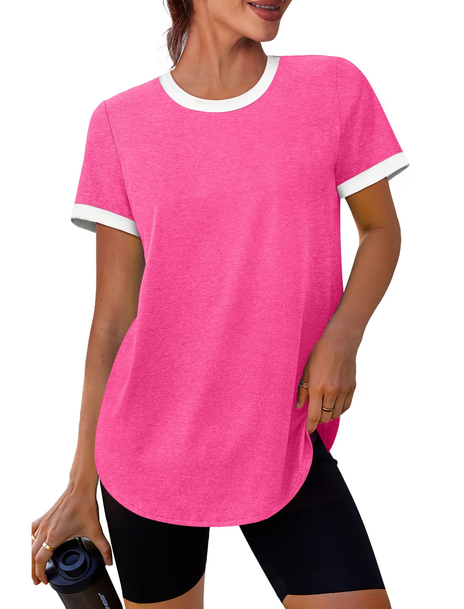 Womens Workout Tops Summer Short Sleeve Shirts Athletic Color Block Gym Clothes Outfits Sun Protection UPF 50+ T Shirts