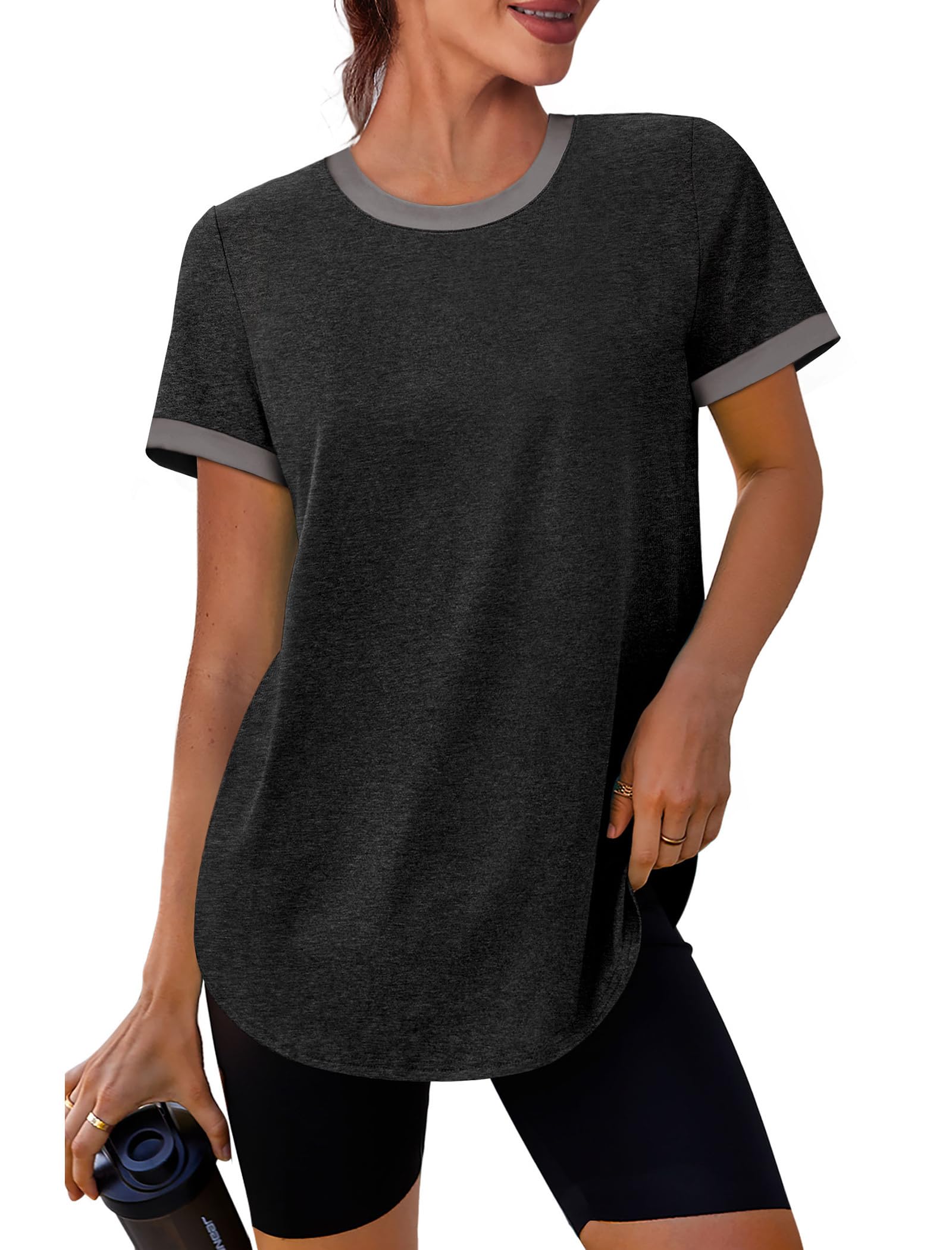 Womens Workout Tops Summer Short Sleeve Shirts Athletic Color Block Gym Clothes Outfits Sun Protection UPF 50+ T Shirts