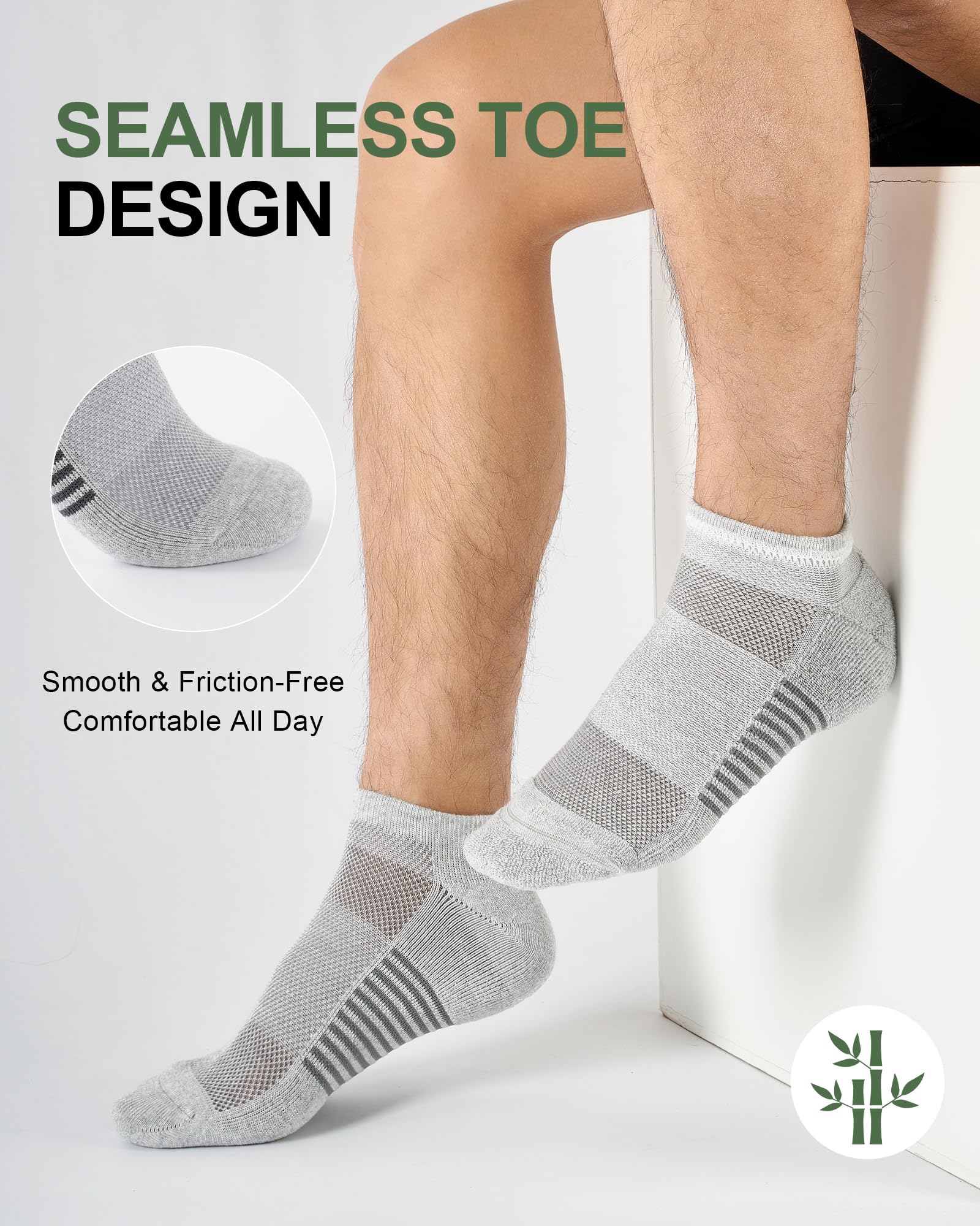 Ankle Socks for Men, Bamboo Socks Running Athletic Cushioned Moisture Wicking Low Cut Reinforced, 8 Pairs