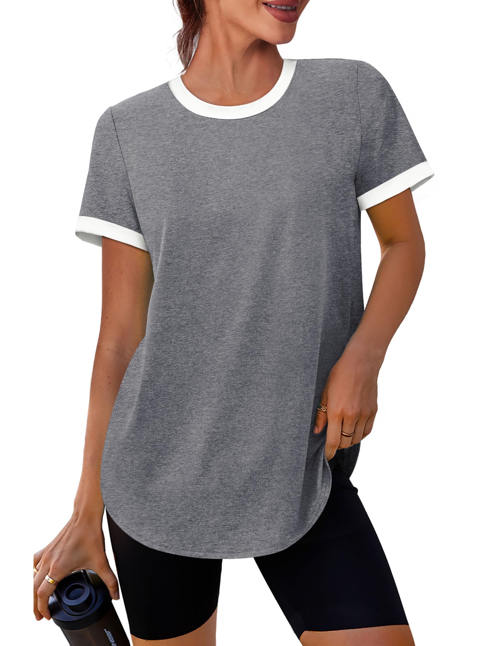 Womens Workout Tops Summer Short Sleeve Shirts Athletic Color Block Gym Clothes Outfits Sun Protection UPF 50+ T Shirts