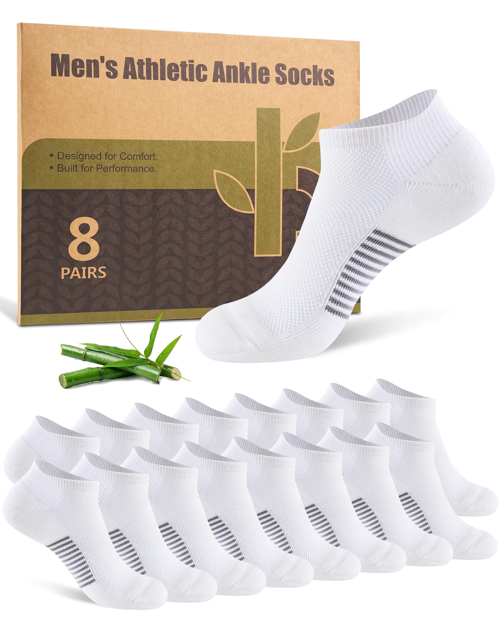 Ankle Socks for Men, Bamboo Socks Running Athletic Cushioned Moisture Wicking Low Cut Reinforced, 8 Pairs