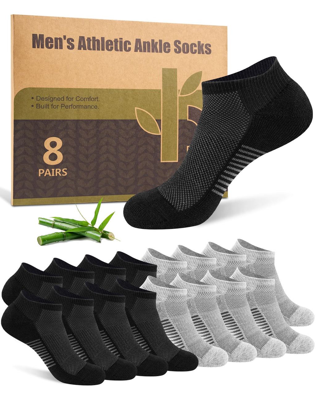 Ankle Socks for Men, Bamboo Socks Running Athletic Cushioned Moisture Wicking Low Cut Reinforced, 8 Pairs