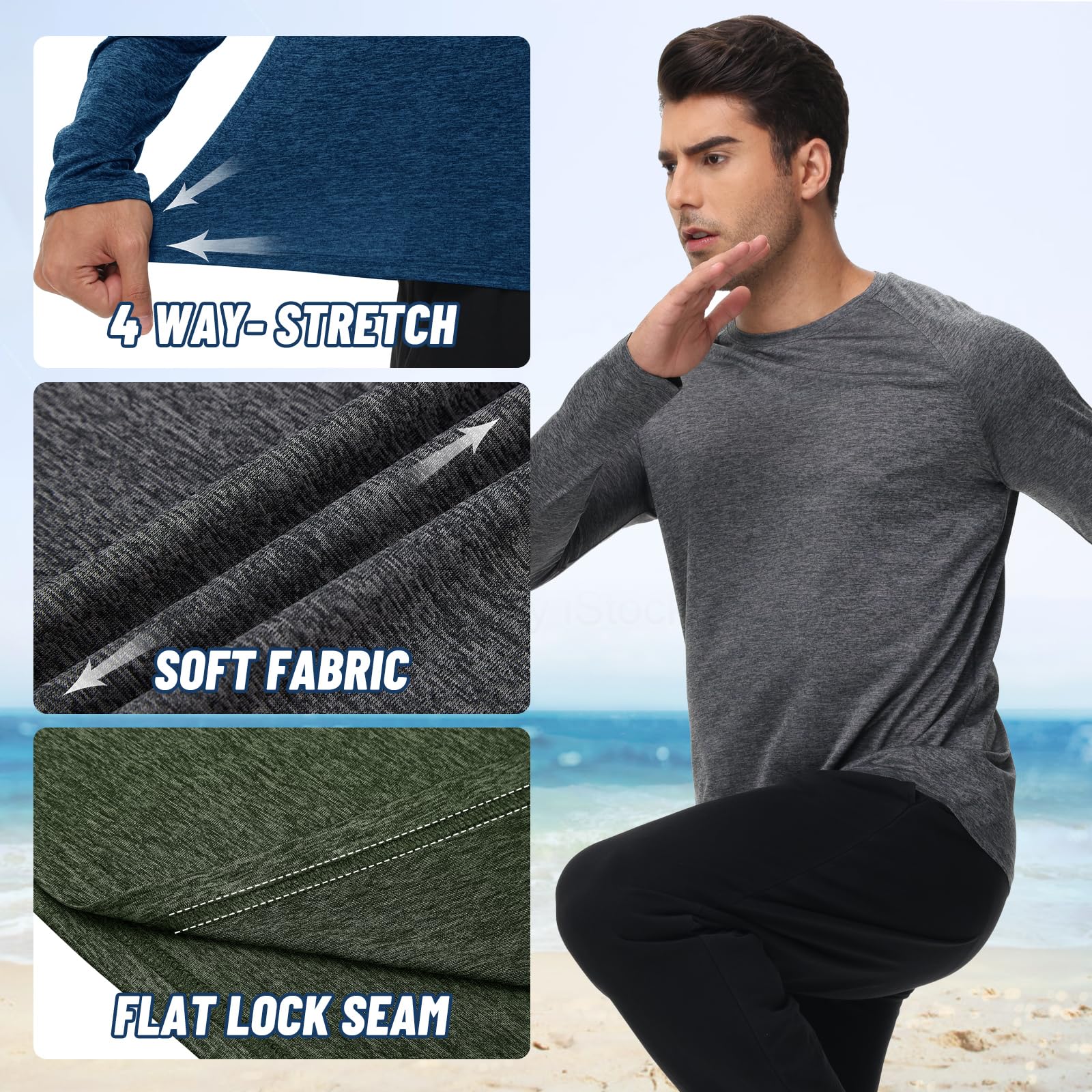 3 Pack Long Sleeve Shirts for Men - Quick Dry Moisture Wicking UV Sun Protection T-Shirts for Fishing Workout Athletic Gym
