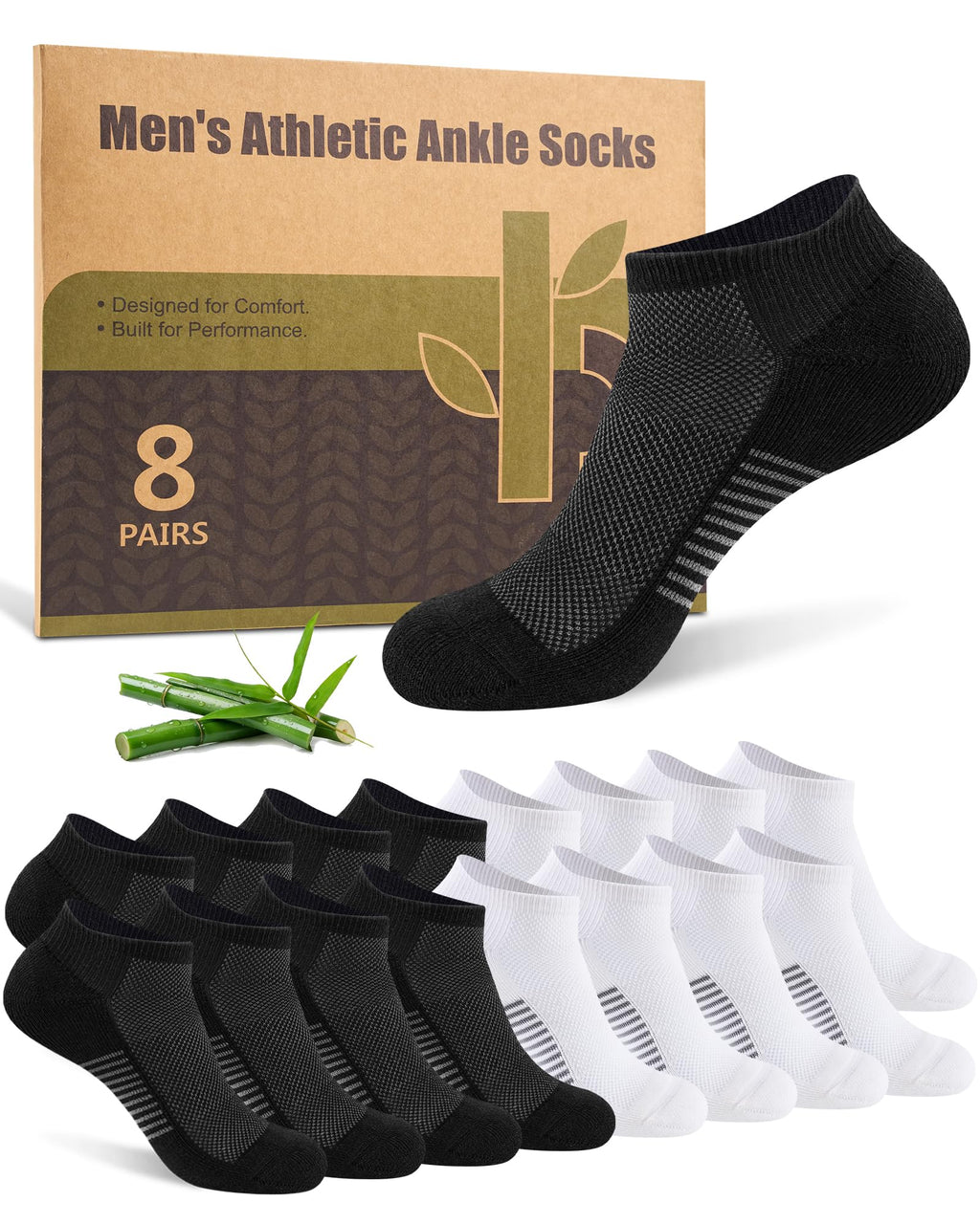 Ankle Socks for Men, Bamboo Socks Running Athletic Cushioned Moisture Wicking Low Cut Reinforced, 8 Pairs