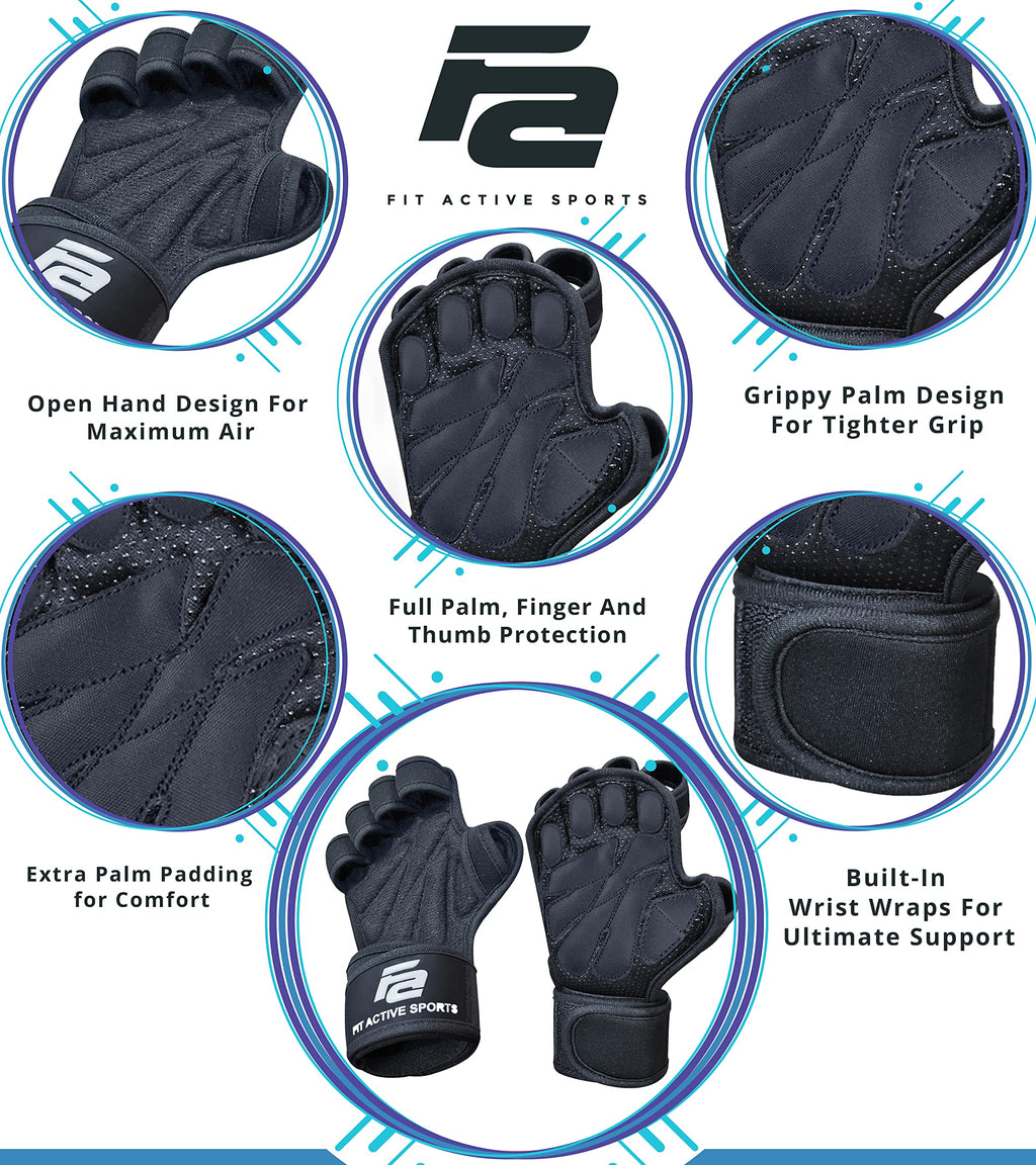 Fit Active Sports New Ventilated Weight Lifting Workout Gloves with Built-in Wrist Wraps for Men and Women - Great for Gym Fitness, Cross Training, Hand Support & Weightlifting.