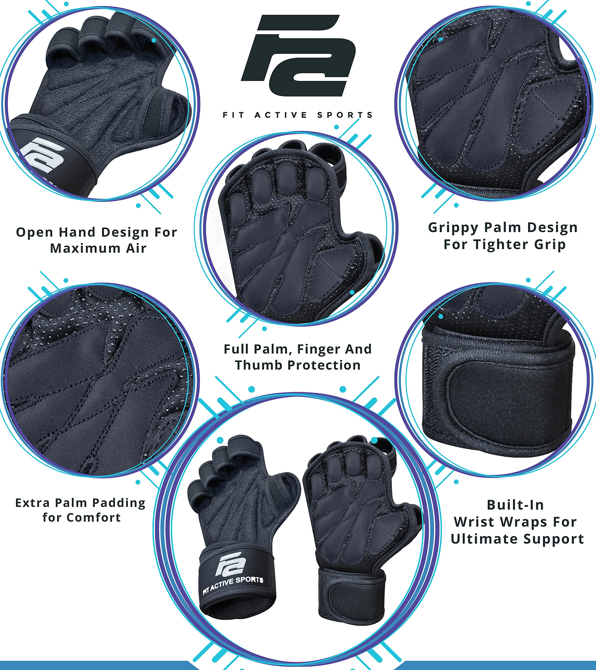 Fit Active Sports New Ventilated Weight Lifting Workout Gloves with Built-in Wrist Wraps for Men and Women - Great for Gym Fitness, Cross Training, Hand Support & Weightlifting.