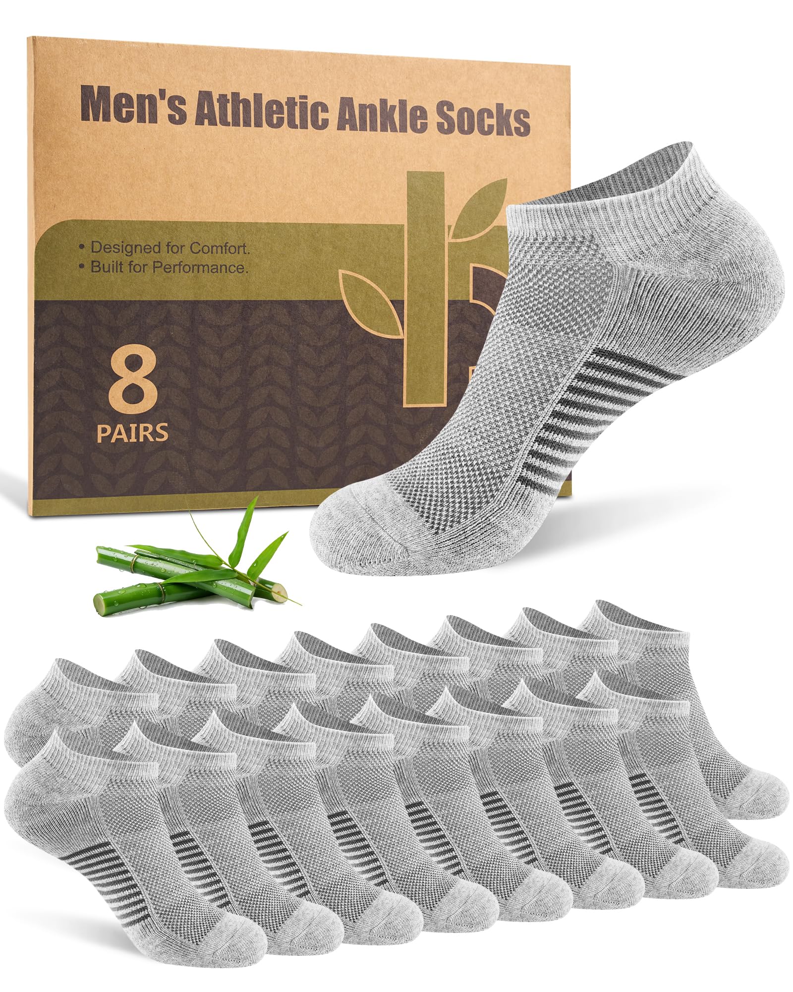 Ankle Socks for Men, Bamboo Socks Running Athletic Cushioned Moisture Wicking Low Cut Reinforced, 8 Pairs